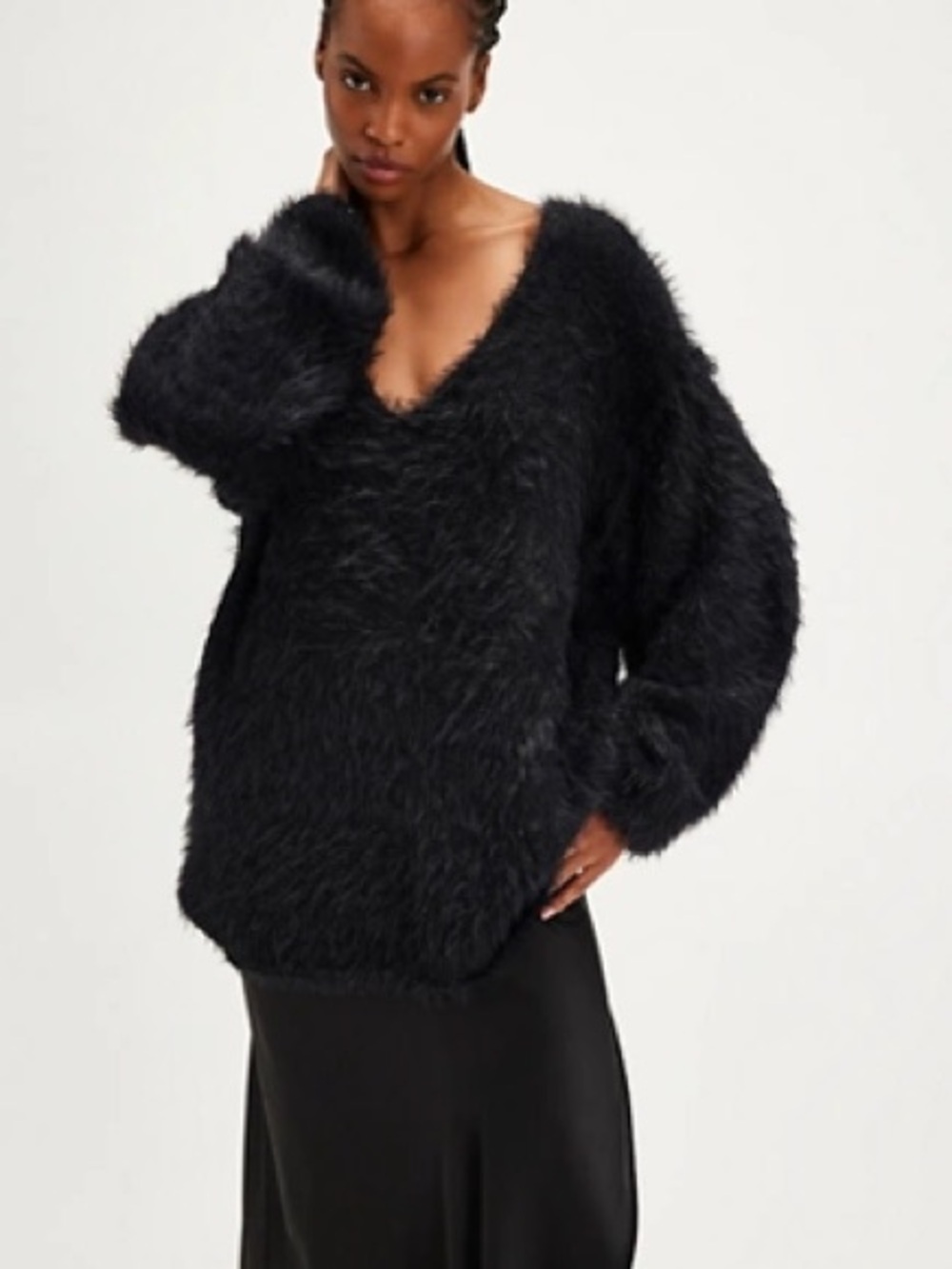 Free People Sparrow Pullover - Black Fuzzy V-Neck Pullover Sweater - L